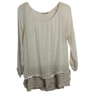 5058)Marina Gigli Italy Silk Layered Lace Hem 3/4 Sleeve Sheer Oversize Blouse S